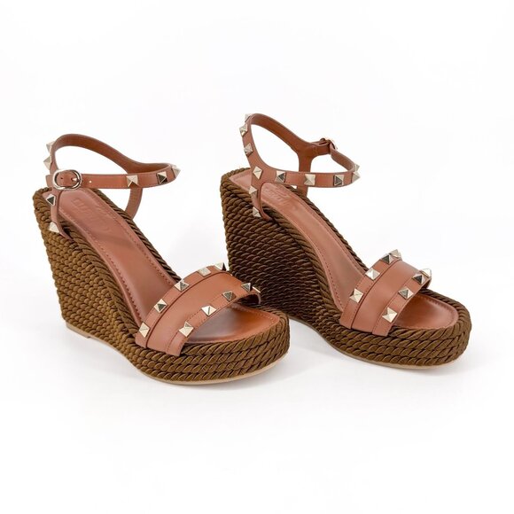 Valentino Rockstud Brown Torchon Silk Espadrille Wedge Sandals Size 38 US 8 - Picture 1 of 14
